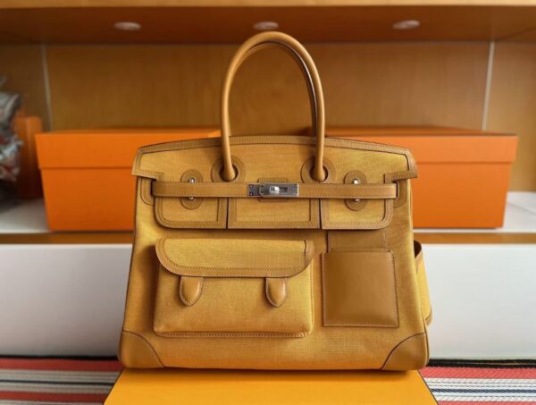 H Factory Bags Birkin Cargo Canvas & Swift Leather Khaki Yellow Silver Hardware 35cm Full Handmade