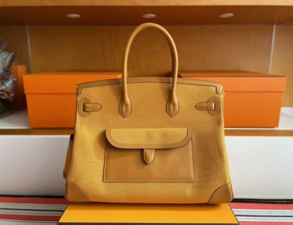 H Factory Bags Birkin Cargo Canvas & Swift Leather Khaki Yellow Silver Hardware 35cm Full Handmade