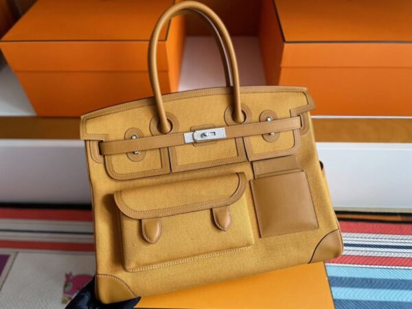 H Factory Bags Birkin Cargo Canvas & Swift Leather Khaki Yellow Silver Hardware 35cm Full Handmade