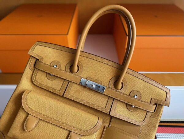H Factory Bags Birkin Cargo Canvas & Swift Leather Khaki Yellow Silver Hardware 35cm Full Handmade
