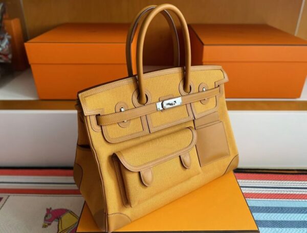 H Factory Bags Birkin Cargo Canvas & Swift Leather Khaki Yellow Silver Hardware 35cm Full Handmade