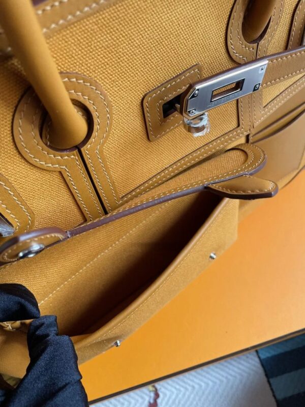 H Factory Bags Birkin Cargo Canvas & Swift Leather Khaki Yellow Silver Hardware 35cm Full Handmade