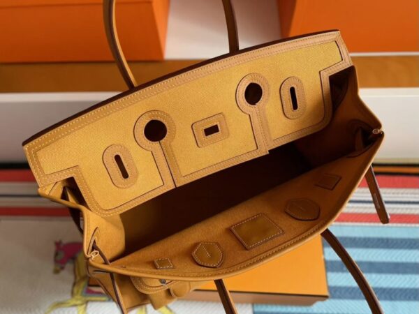 H Factory Bags Birkin Cargo Canvas & Swift Leather Khaki Yellow Silver Hardware 35cm Full Handmade