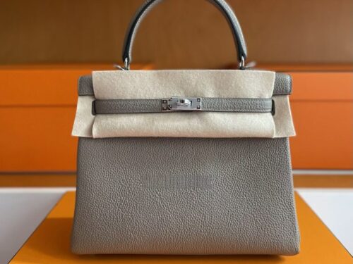 H Factory Bags Kelly Togo Leather Medium Grey Silver Hardware 25cm Full Handmade