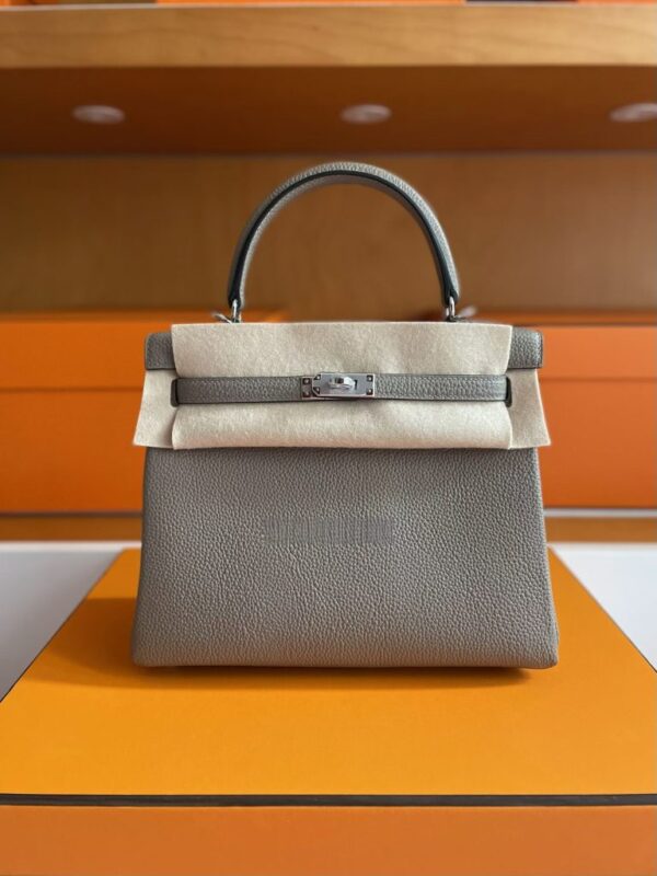 H Factory Bags Kelly Togo Leather Medium Grey Silver Hardware 25cm Full Handmade
