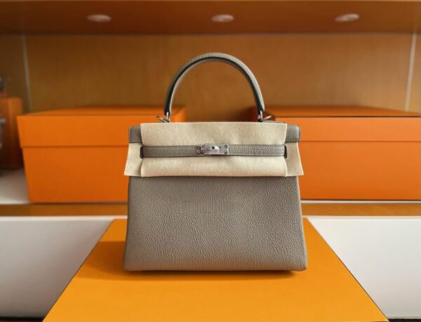 H Factory Bags Kelly Togo Leather Medium Grey Silver Hardware 25cm Full Handmade