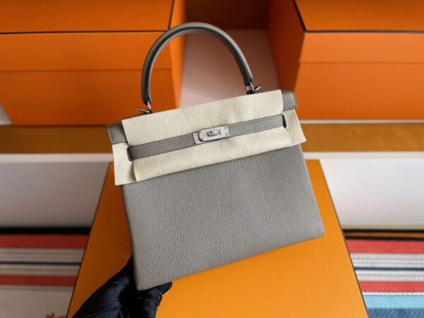 H Factory Bags Kelly Togo Leather Medium Grey Silver Hardware 25cm Full Handmade