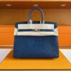 H Factory Bags Birkin Shiny Alligator Crocodile Leather Deep Blue Silver Hardware 25cm Full Handmade