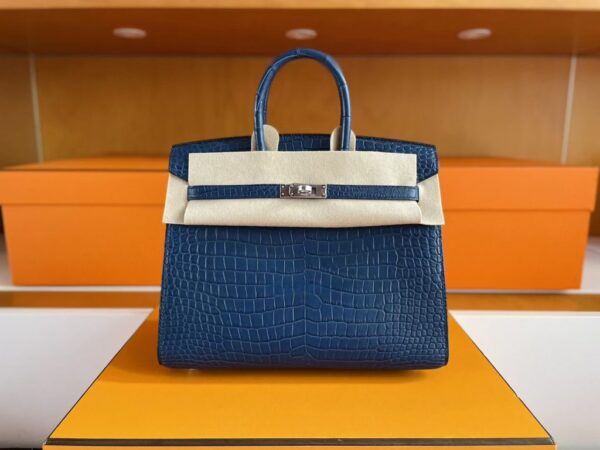 H Factory Bags Birkin Shiny Alligator Crocodile Leather Deep Blue Silver Hardware 25cm Full Handmade
