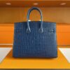 H Factory Bags Birkin Shiny Alligator Crocodile Leather Deep Blue Silver Hardware 25cm Full Handmade