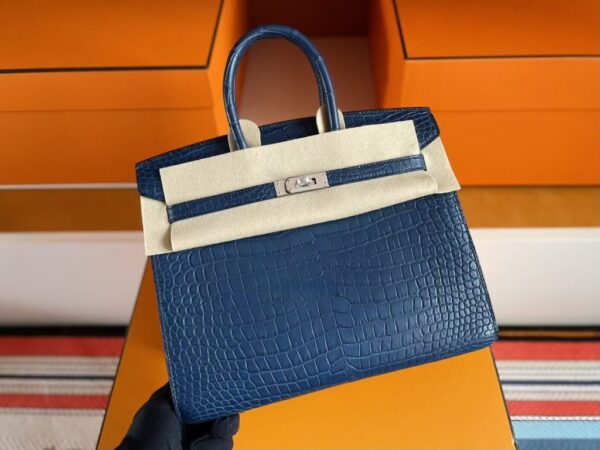 H Factory Bags Birkin Shiny Alligator Crocodile Leather Deep Blue Silver Hardware 25cm Full Handmade