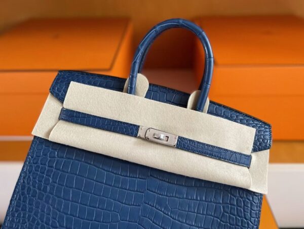 H Factory Bags Birkin Shiny Alligator Crocodile Leather Deep Blue Silver Hardware 25cm Full Handmade