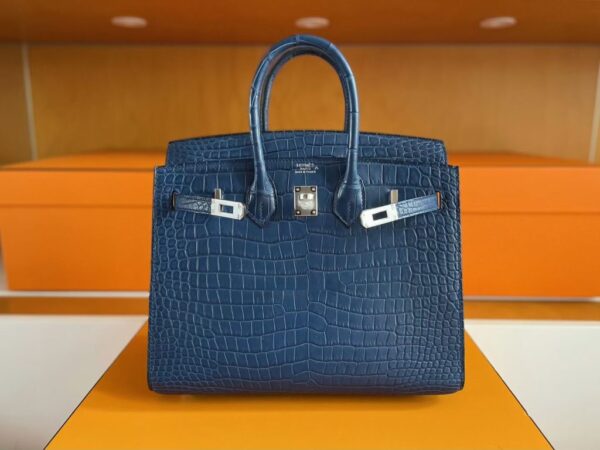 H Factory Bags Birkin Shiny Alligator Crocodile Leather Deep Blue Silver Hardware 25cm Full Handmade