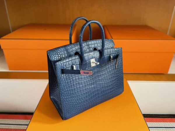 H Factory Bags Birkin Shiny Alligator Crocodile Leather Deep Blue Silver Hardware 25cm Full Handmade