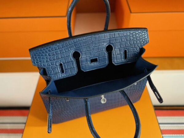 H Factory Bags Birkin Shiny Alligator Crocodile Leather Deep Blue Silver Hardware 25cm Full Handmade