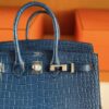 H Factory Bags Birkin Shiny Alligator Crocodile Leather Deep Blue Silver Hardware 25cm Full Handmade