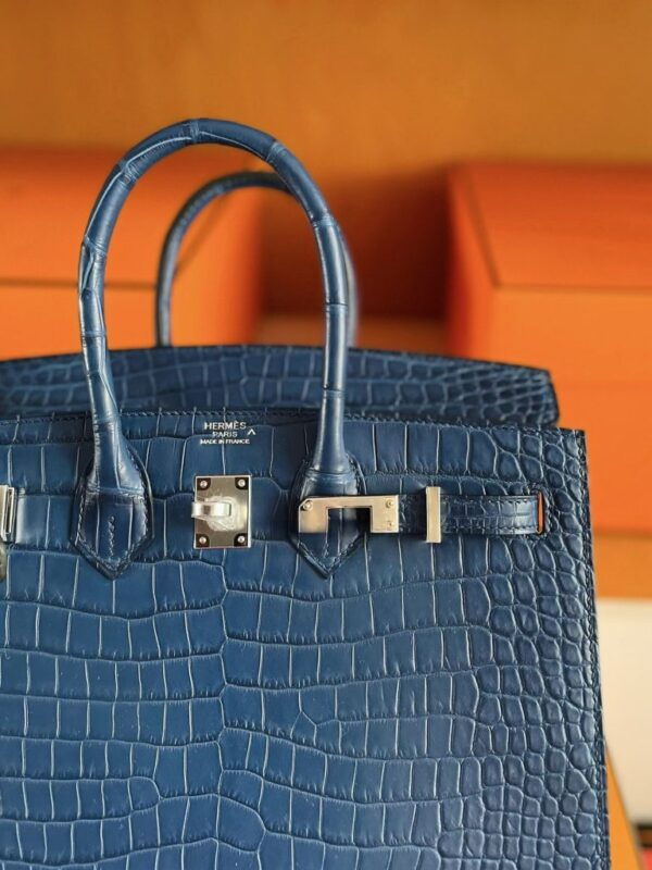 H Factory Bags Birkin Shiny Alligator Crocodile Leather Deep Blue Silver Hardware 25cm Full Handmade