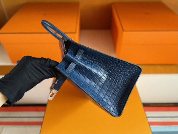 H Factory Bags Birkin Shiny Alligator Crocodile Leather Deep Blue Silver Hardware 25cm Full Handmade