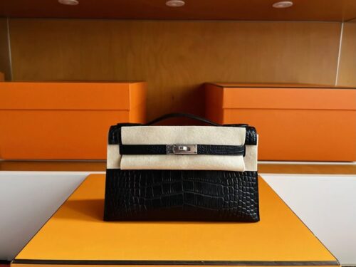H Factory Bags Mini Kelly Pochette Matte Alligator Crocodile Black Silver Hardware 22cm Full Handmade