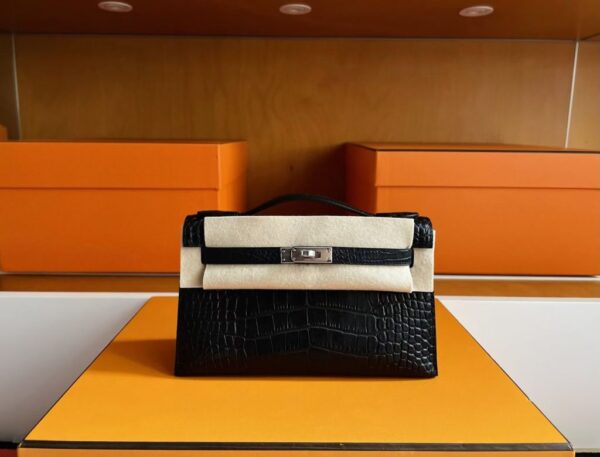 H Factory Bags Mini Kelly Pochette Matte Alligator Crocodile Black Silver Hardware 22cm Full Handmade