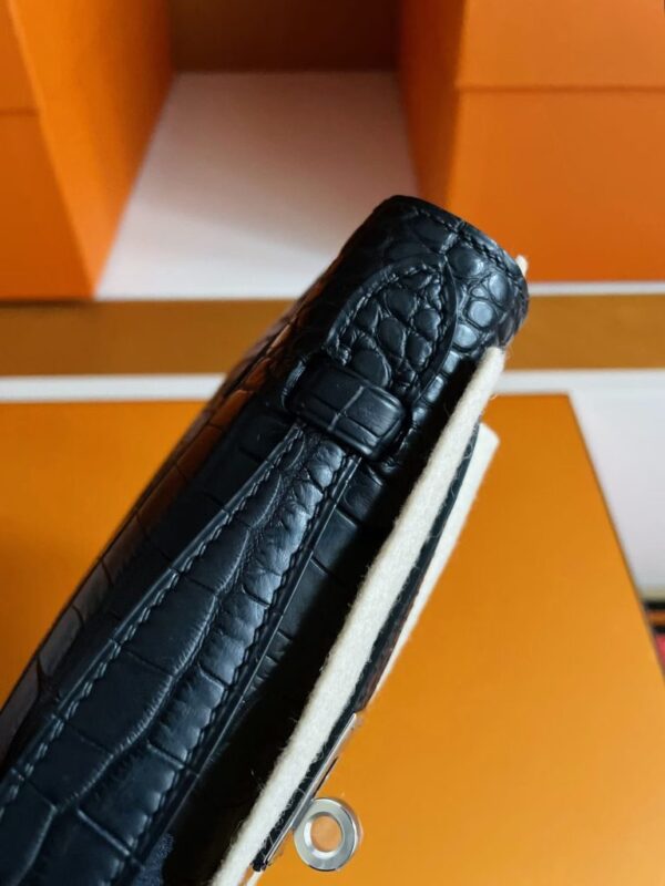 H Factory Bags Mini Kelly Pochette Matte Alligator Crocodile Black Silver Hardware 22cm Full Handmade