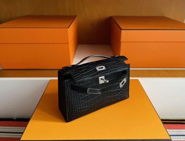 H Factory Bags Mini Kelly Pochette Matte Alligator Crocodile Black Silver Hardware 22cm Full Handmade