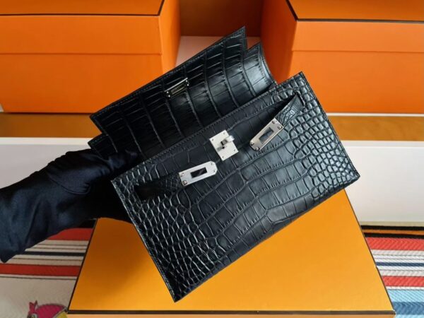H Factory Bags Mini Kelly Pochette Matte Alligator Crocodile Black Silver Hardware 22cm Full Handmade
