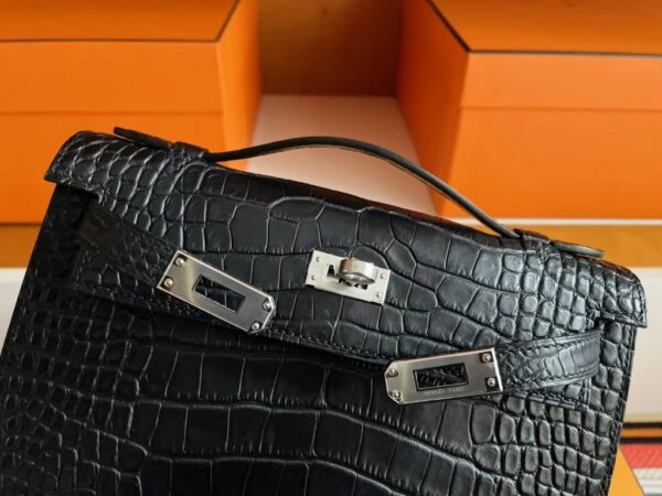 H Factory Bags Mini Kelly Pochette Matte Alligator Crocodile Black Silver Hardware 22cm Full Handmade