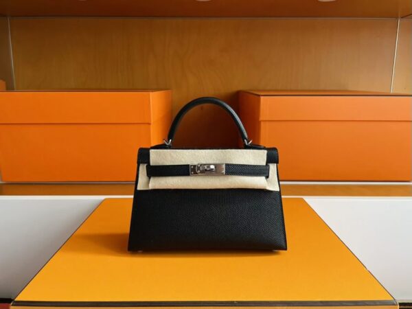H Factory Bags Mini Kelly Epsom Leather CK89 Black Silver Hardware 19cm Full Handmade