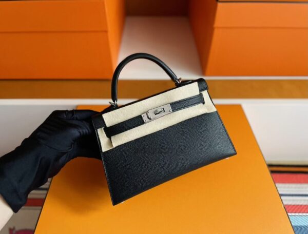 H Factory Bags Mini Kelly Epsom Leather CK89 Black Silver Hardware 19cm Full Handmade