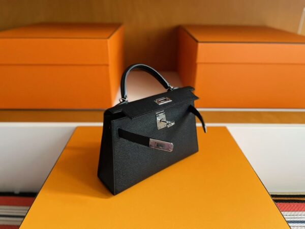 H Factory Bags Mini Kelly Epsom Leather CK89 Black Silver Hardware 19cm Full Handmade