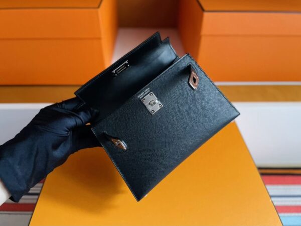 H Factory Bags Mini Kelly Epsom Leather CK89 Black Silver Hardware 19cm Full Handmade