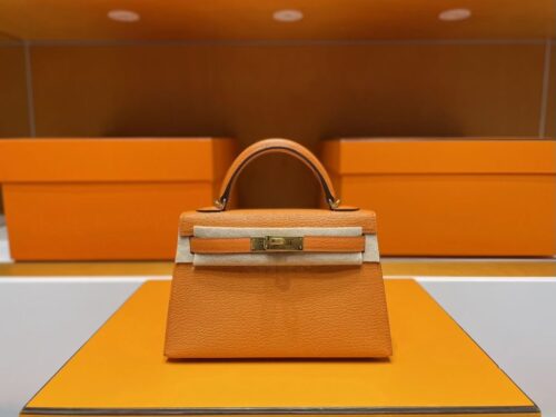 H Factory Bags Mini Kelly Chever Leather Deep Orange Silver Hardware 19cm Full Handmade