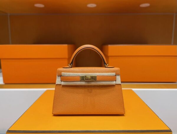 H Factory Bags Mini Kelly Chever Leather Deep Orange Silver Hardware 19cm Full Handmade