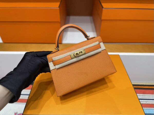 H Factory Bags Mini Kelly Chever Leather Deep Orange Silver Hardware 19cm Full Handmade
