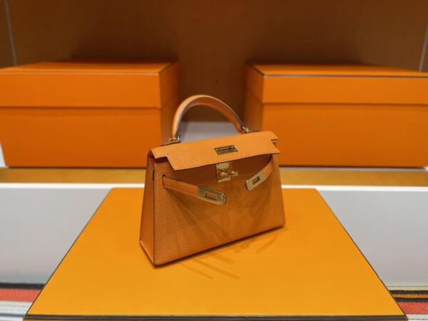 H Factory Bags Mini Kelly Chever Leather Deep Orange Silver Hardware 19cm Full Handmade