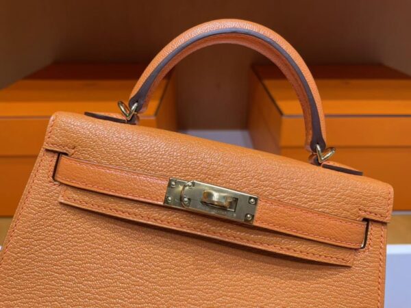 H Factory Bags Mini Kelly Chever Leather Deep Orange Silver Hardware 19cm Full Handmade