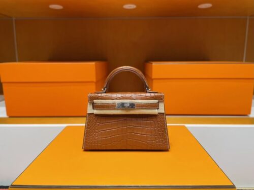 H Factory Bags Mini Kelly Matte Alligator Crocodile Coffee Brown Silver Hardware 19cm Full Handmade