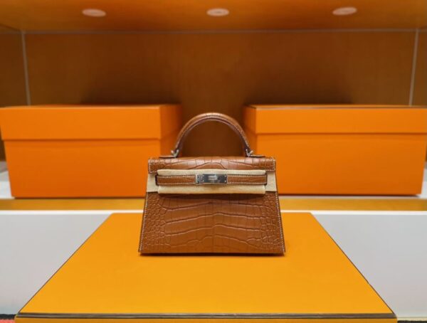 H Factory Bags Mini Kelly Matte Alligator Crocodile Coffee Brown Silver Hardware 19cm Full Handmade