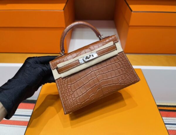 H Factory Bags Mini Kelly Matte Alligator Crocodile Coffee Brown Silver Hardware 19cm Full Handmade