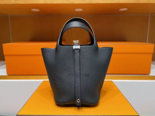 H Factory Bags Picotin Togo Leather CK89 Black Silver Hardware 18cm Full Handmade