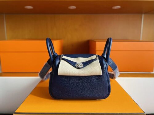 H Factory Bags Mini Lindy Togo Leather Gem Blue Silver Hardware 19cm Full Handmade