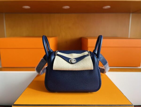 H Factory Bags Mini Lindy Togo Leather Gem Blue Silver Hardware 19cm Full Handmade