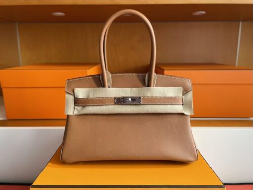 H Factory Bags Birkin Shoulder Evercolor Leather CK37 Golden Brown Silver Hardware 29cm Full Handmade