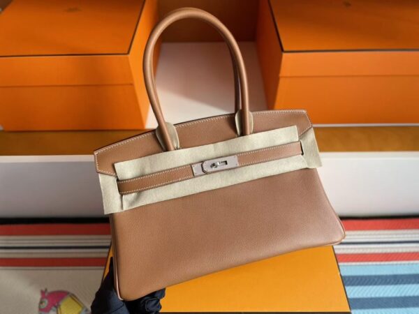 H Factory Bags Birkin Shoulder Evercolor Leather CK37 Golden Brown Silver Hardware 29cm Full Handmade