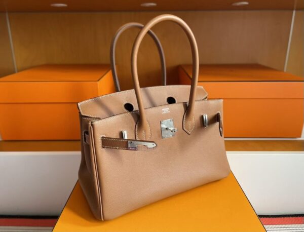 H Factory Bags Birkin Shoulder Evercolor Leather CK37 Golden Brown Silver Hardware 29cm Full Handmade