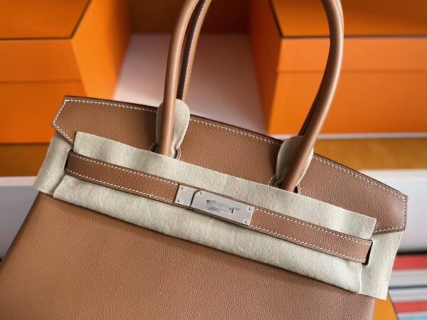 H Factory Bags Birkin Shoulder Evercolor Leather CK37 Golden Brown Silver Hardware 29cm Full Handmade